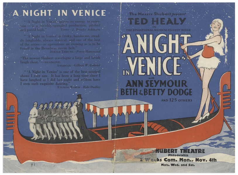 ''A Night in Venice'' Flyer From 1929 for the Shubert Theatre in Philadelphia -- Measures 10'' x 7.25'' Unfolded -- Some Creasing & Remnants of Sticker at Bottom, Overall Very Good